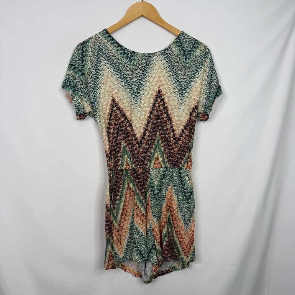 LASCANA Womens Chevron Print Open Back Romper Green Orange Size 2 - Picture 3 of 9